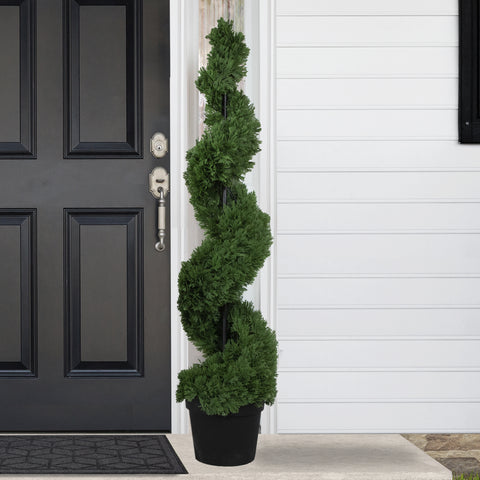 Real Touch™ Artificial Cedar Spiral Topiary Tree in Black Pot  Unlit - 5'