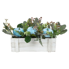 Fall Harvest Foliage and Pumpkins in Wooden Planter - 18" - Blue