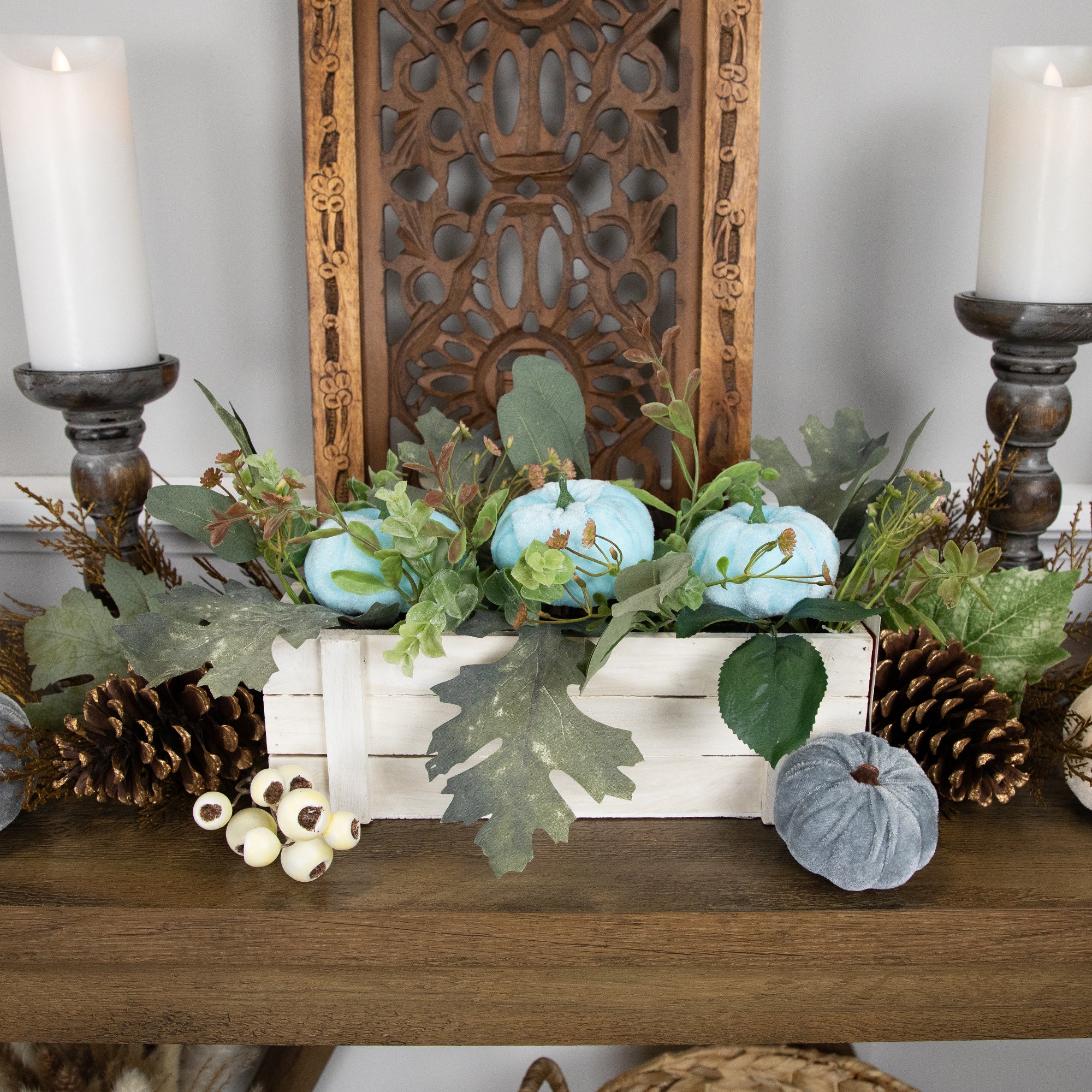  Northlight Fall Harvest Foliage and Pumpkins in Wooden Planter - 18