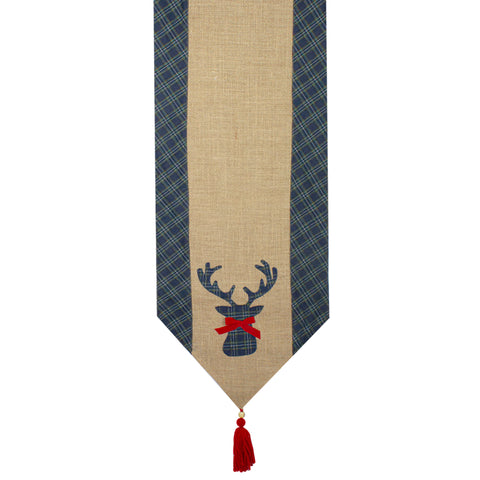 Burlap and Plaid Reindeer Christmas Runner - 80" - Blue and Beige