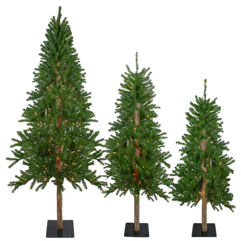Pre-Lit Slim Alpine Artificial Christmas Trees - 6' - Clear Lights - Set of 3