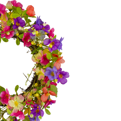 Wild Flowers and Berries Artificial Spring Twig Wreath  Pink and Yellow - 20-Inch
