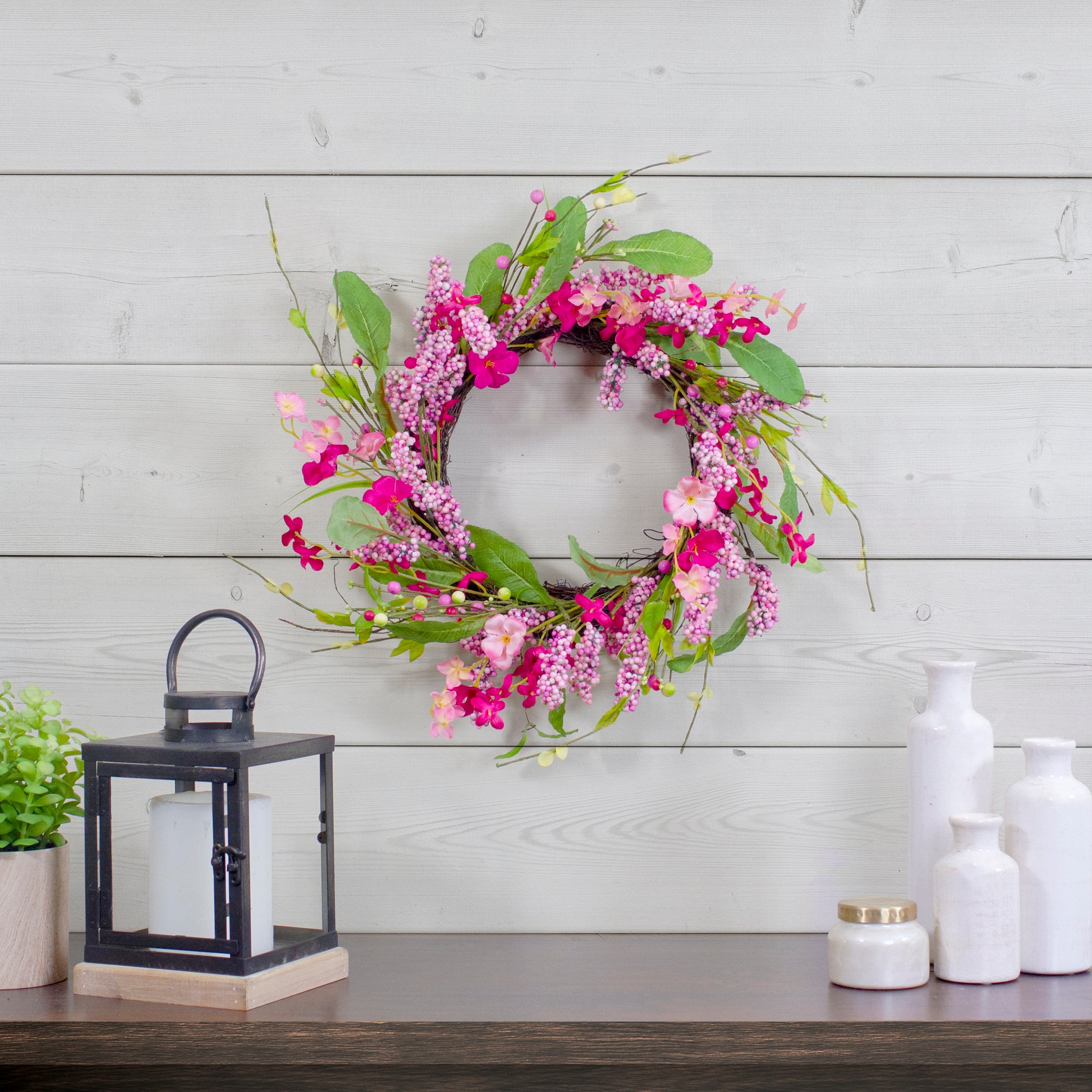  Northlight Geranium and Berry Artificial Spring Floral Wreath  Pink - 18-Inch - Default Title - Bonton