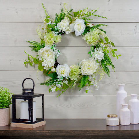 Peony and Rose Artificial Spring Wreath  White and Green - 24-Inch