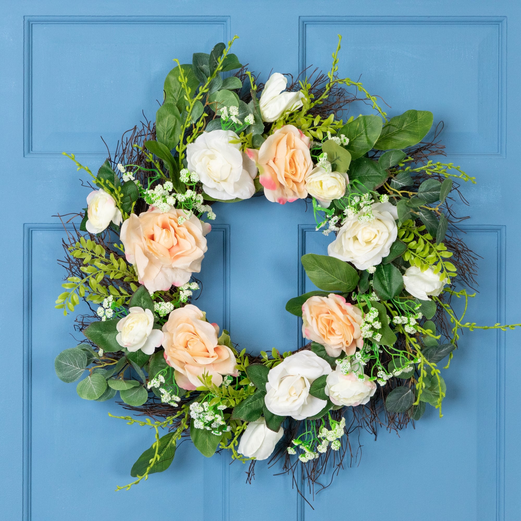  Northlight Rose and Peony Fern Artificial Floral Spring Wreath  Pink - 24-Inch - Default Title - Bonton
