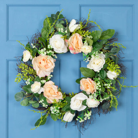 Rose and Peony Fern Artificial Floral Spring Wreath  Pink - 24-Inch