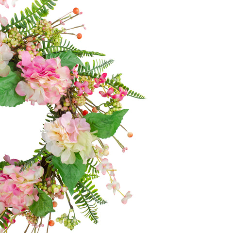 Hydrangea  Berry and Fern Artificial Spring Floral Wreath  Pink - 20-Inch