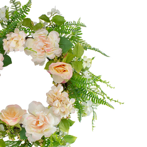 Rose and Peony Fern Artificial Floral Spring Wreath  Pink - 24-Inch