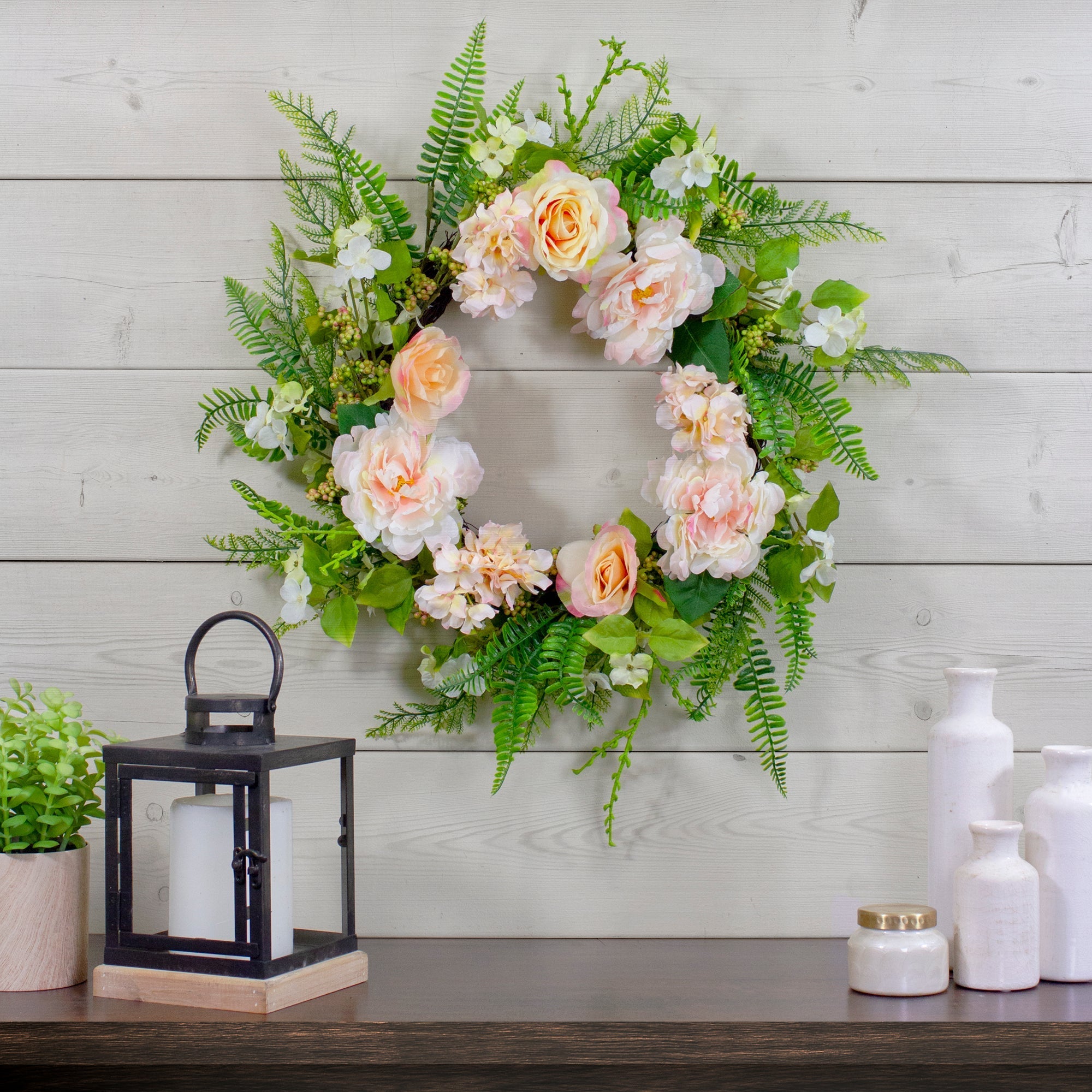  Rose & Peony Fern Faux Floral Spring Wreath 24