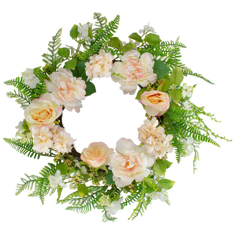 Rose and Peony Fern Artificial Floral Spring Wreath  Pink - 24-Inch