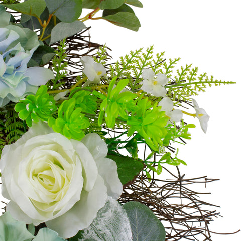 Hydrangea  Rose and Geranium Artificial Floral Spring Wreath  White and Blue - 24-Inch