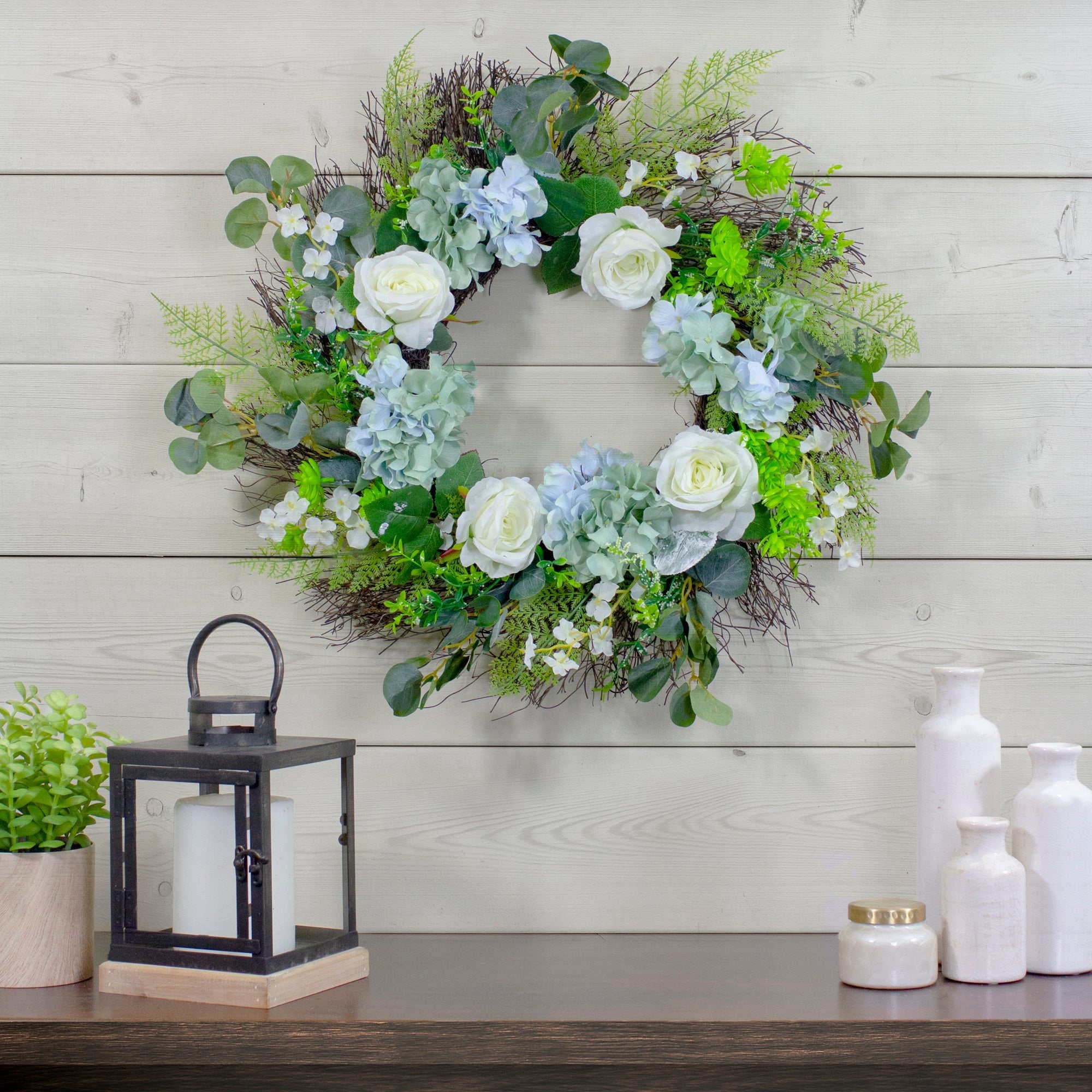  Hydrangea Rose & Geranium Floral Spring Wreath 24