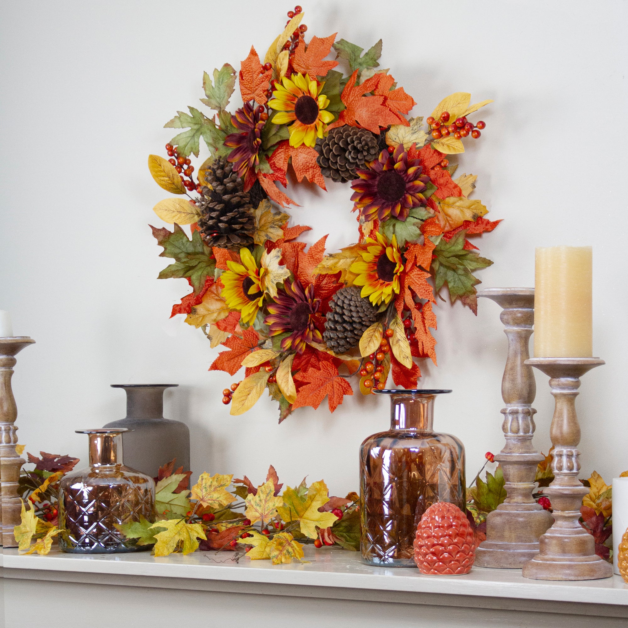  Northlight Sunflower and Pine Cone Artificial Thanksgiving Wreath - 24-Inch  Unlit - Default Title - Bonton