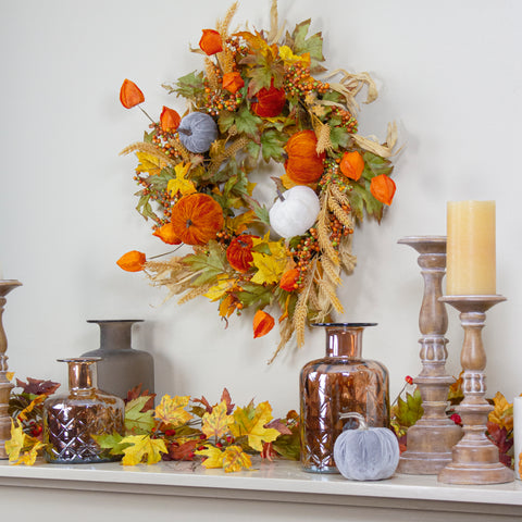 Velvet Pumpkins and Wheat Artificial Fall Harvest Wreath - 24-Inch  Unlit