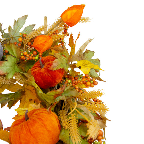 Velvet Pumpkins and Wheat Artificial Fall Harvest Wreath - 24-Inch  Unlit