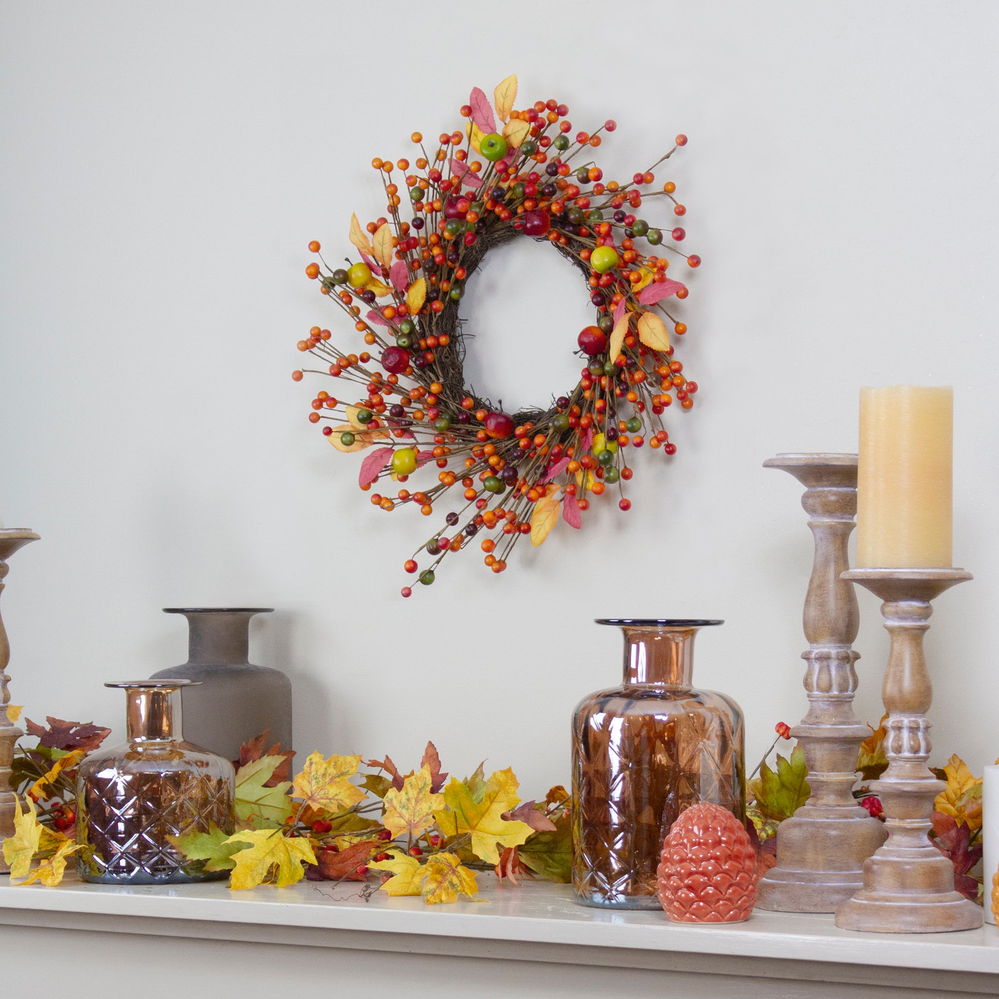  Northlight Berries and Apples Foliage Twig Artificial Thanksgiving Wreath - 18-Inch  Unlit - Default Title - Bonton
