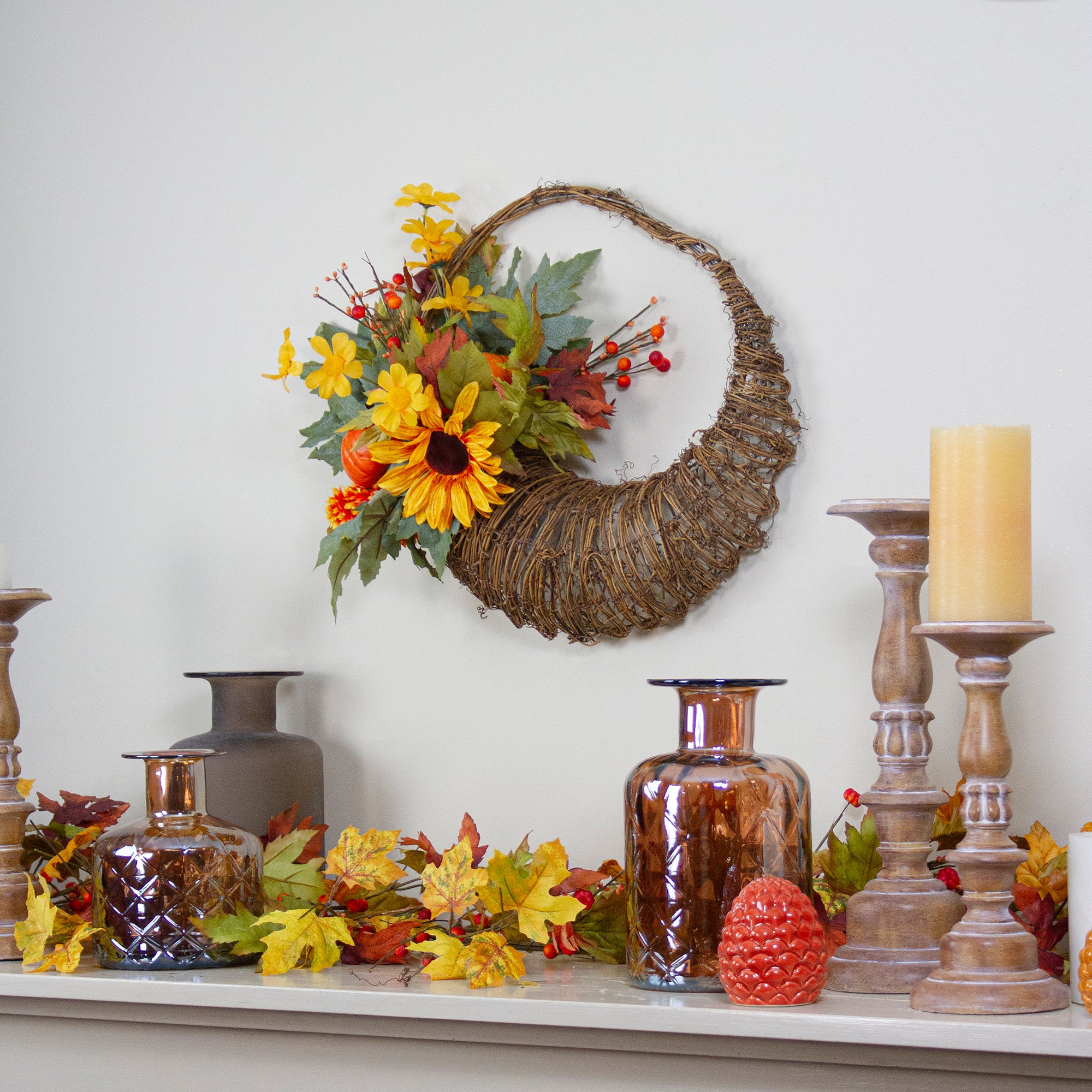  Northlight Cornucopia and Sunflower With Pumpkins Artificial Thanksgiving Wreath - 20-Inch  Unlit - Default Title - Bonton