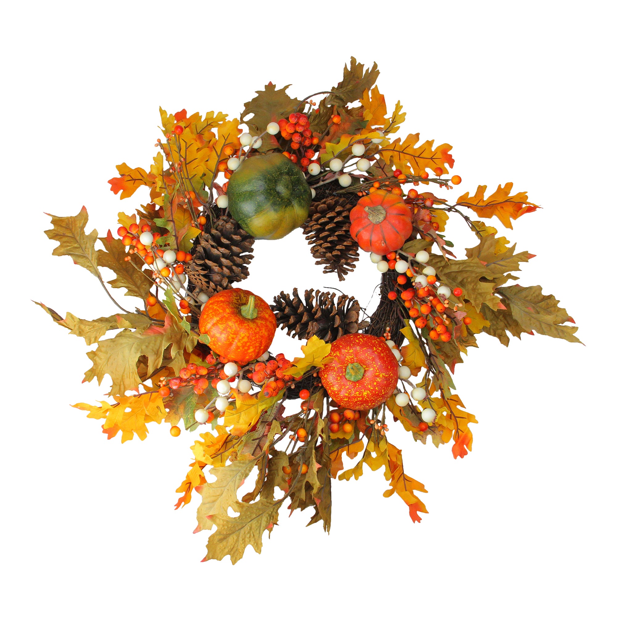  Northlight Fallen Leaves With Pine Cones and Pumpkins Artificial Thanksgiving Wreath  Orange 24-Inch - Default Title - Bonton