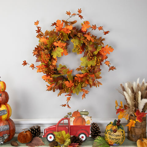 Fall Harvest Gold Berries and Autumn Leaves Artificial Twig Wreath - 22-Inch  Unlit