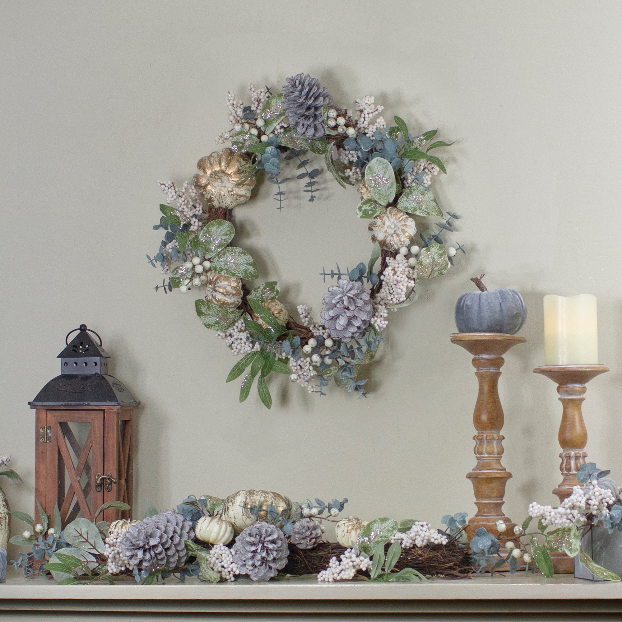  Northlight Neutral Colored Pumpkin and Pine Cones Fall Harvest Wreath - 18-Inch  Unlit - Default Title - Bonton
