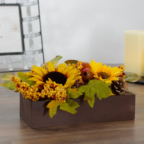 10" Yellow and Brown Sunflowers and Leaves Fall Harvest Floral Arrangement