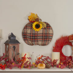 14" Orange and Brown Plaid Fall Harvest Pumpkin Wall Decor