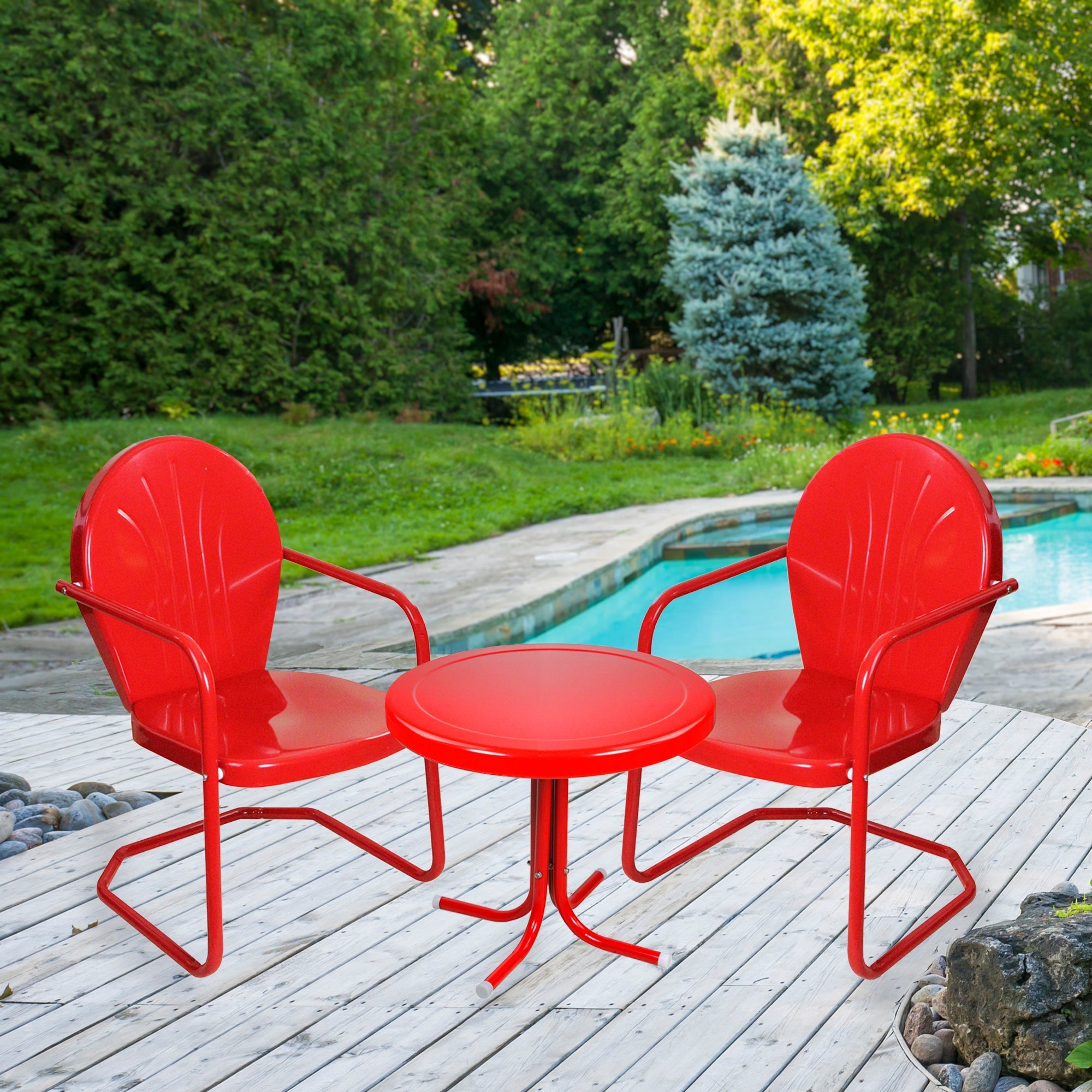  NorthLight Retro Metal Tulip Chairs and Side Table Outdoor Set of 3-Piece - Red - Bonton