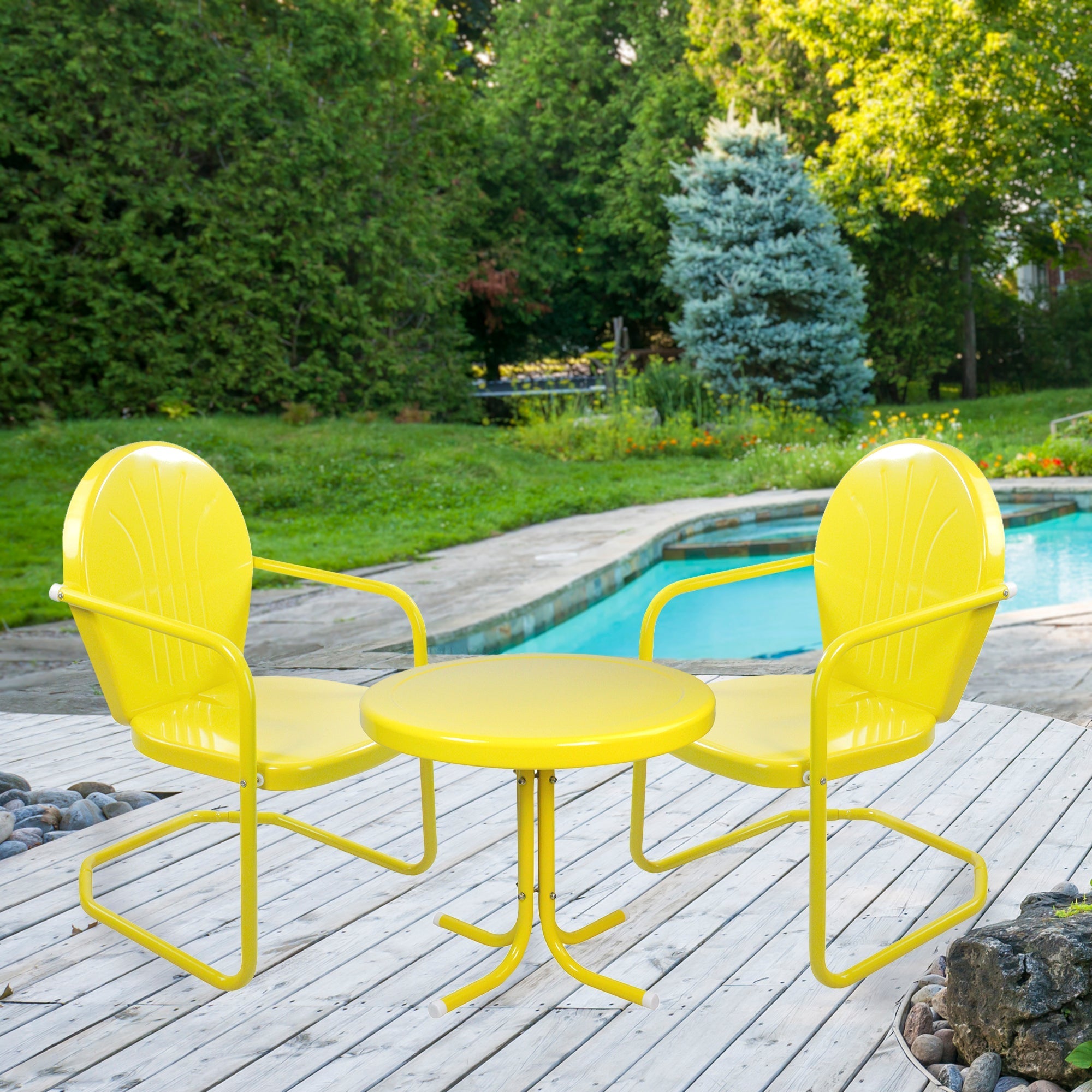  NorthLight Retro Metal Tulip Chairs and Side Table Outdoor Set of 3-Piece - Blue - Bonton