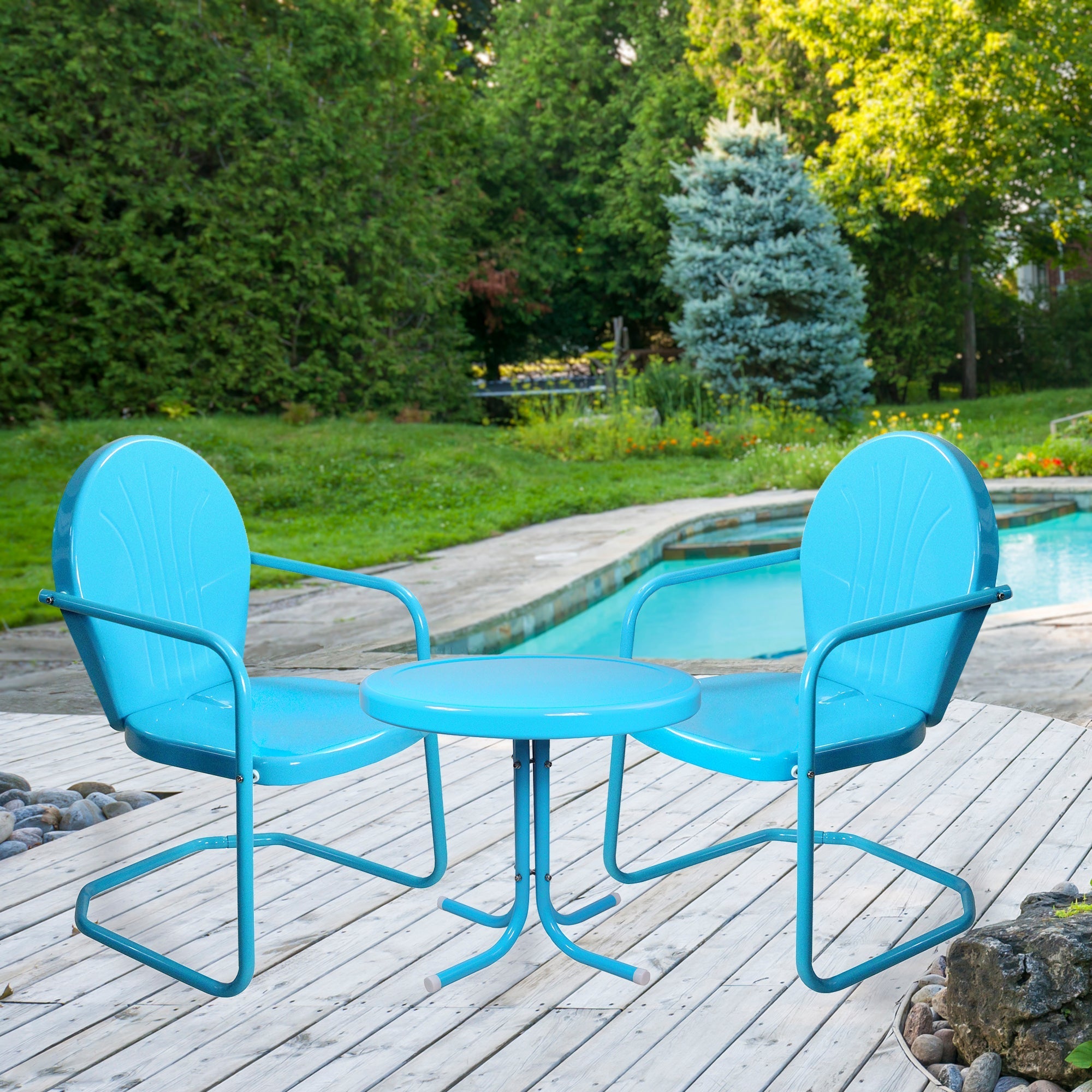  NorthLight Retro Metal Tulip Chairs and Side Table Outdoor Set of 3-Piece - Blue - Bonton