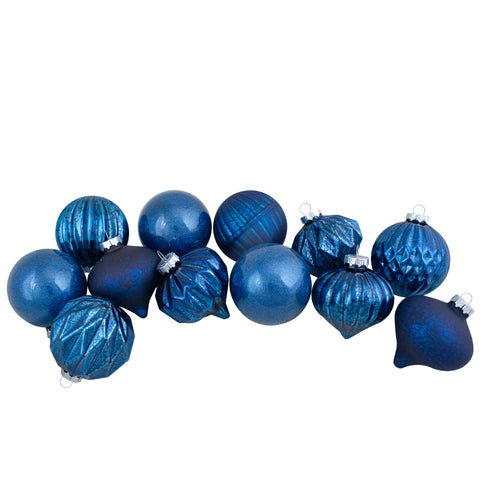 Finial and Glass Ball Christmas Ornaments - 3.25" - Royal Blue - Set of 12