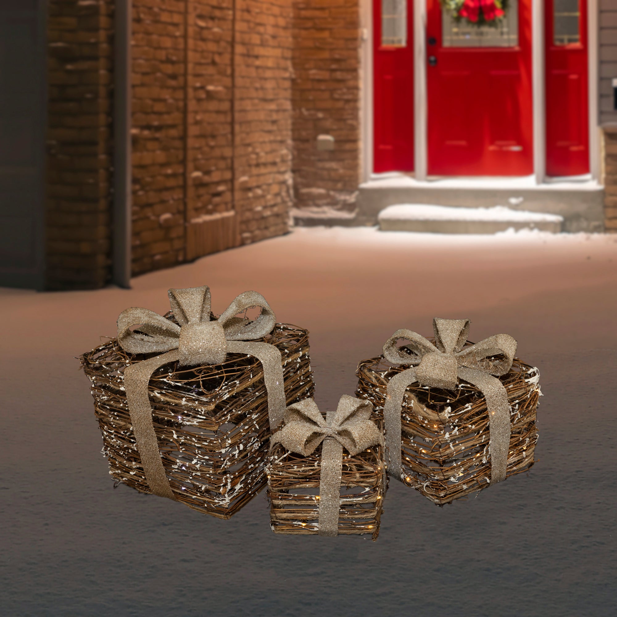  Northlight Lighted Rattan Gift Boxes With Burlap Bows Christmas Decorations - 9