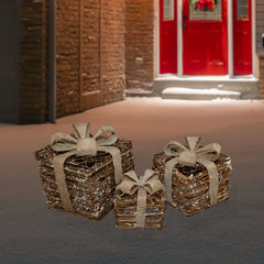 Lighted Rattan Gift Boxes With Burlap Bows Christmas Decorations - 9" - Set of 3