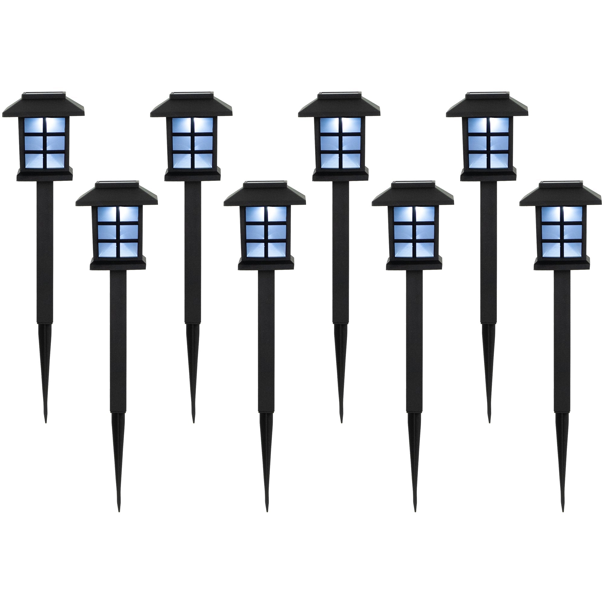  Set of 8 Black Lantern Style Solar Powered LED Pathway Markers 14.25