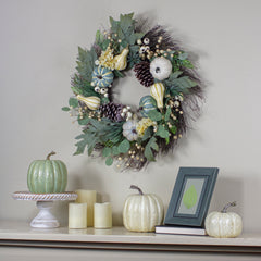 Pumpkins With Berries Artificial Fall Harvest Wreath - 22" - Green and White