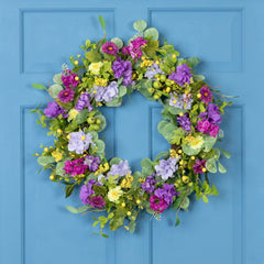 Eucalyptus and Hydrangea Floral Spring Wreath - 23" - Purple and Yellow