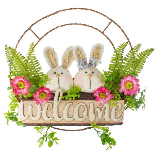 Rabbit Couple Floral Springtime "Welcome" Wreath 19"