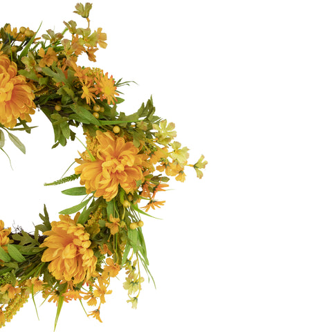 Yellow Peony Artificial Fall Harvest Twig Wreath  24-Inch  Unlit