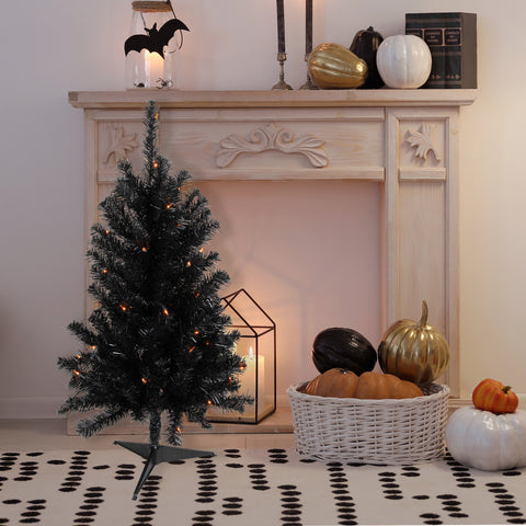 Pre-Lit Medium Black Noble Spruce Artificial Halloween Tree - 3' - Orange Lights