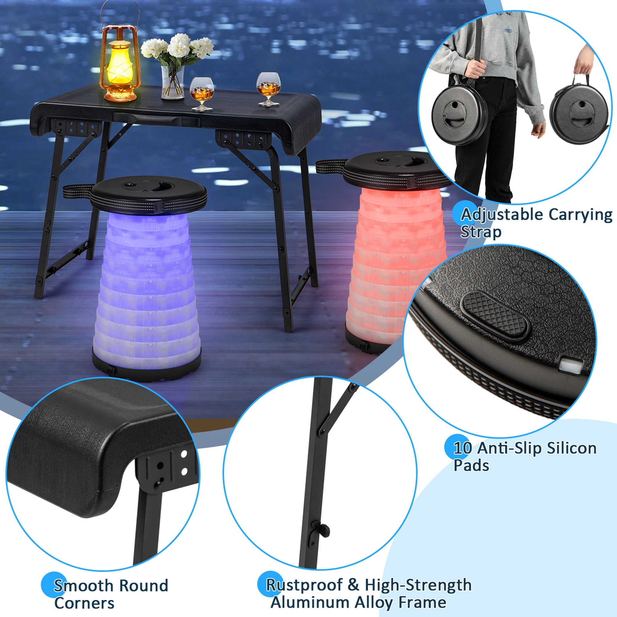  Folding Table & Retractable LED Stool Set - Black & White - Bonton