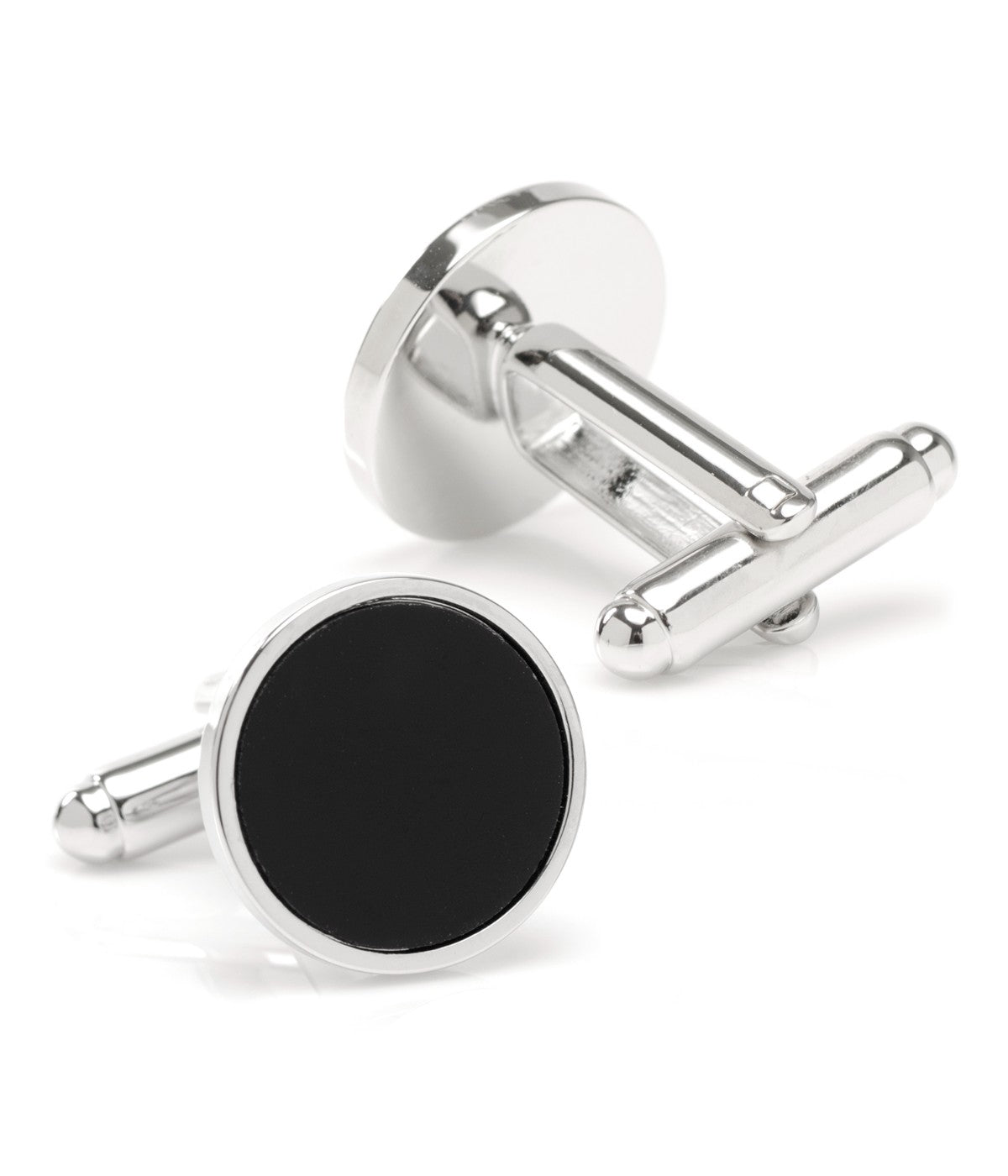  Cufflinks Round Silver Cufflink with Onyx Inlay - Black - Bonton