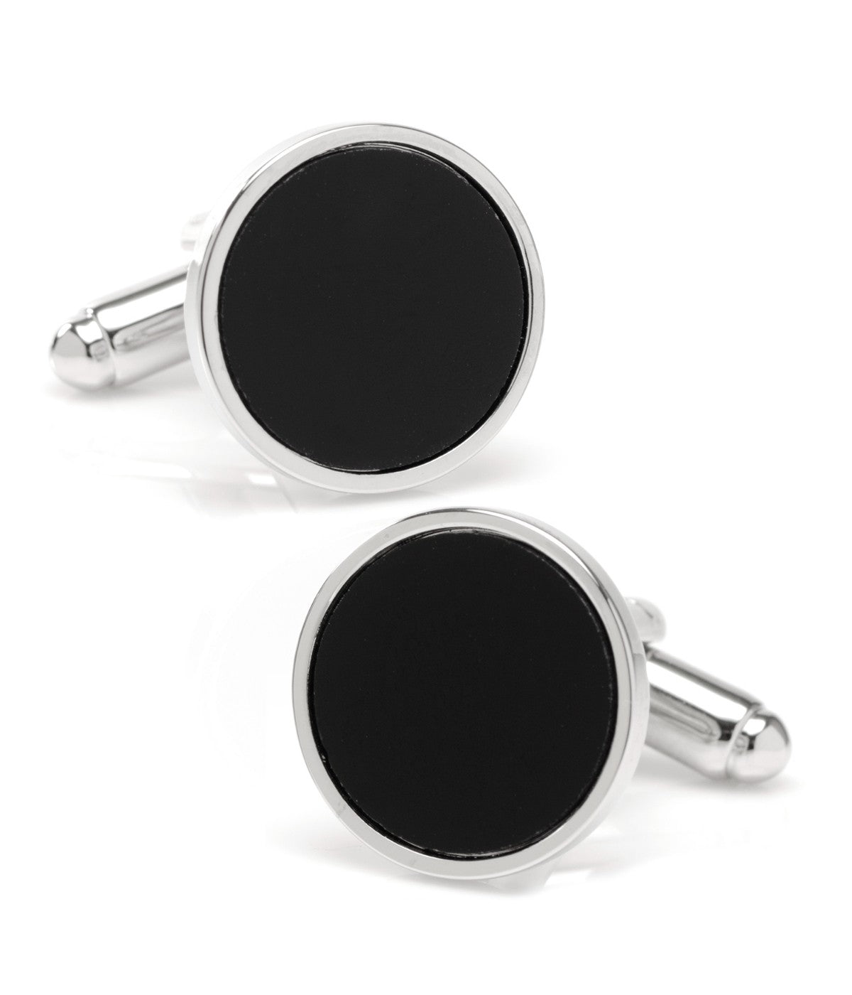  Cufflinks Round Silver Cufflink with Onyx Inlay - Black - Bonton