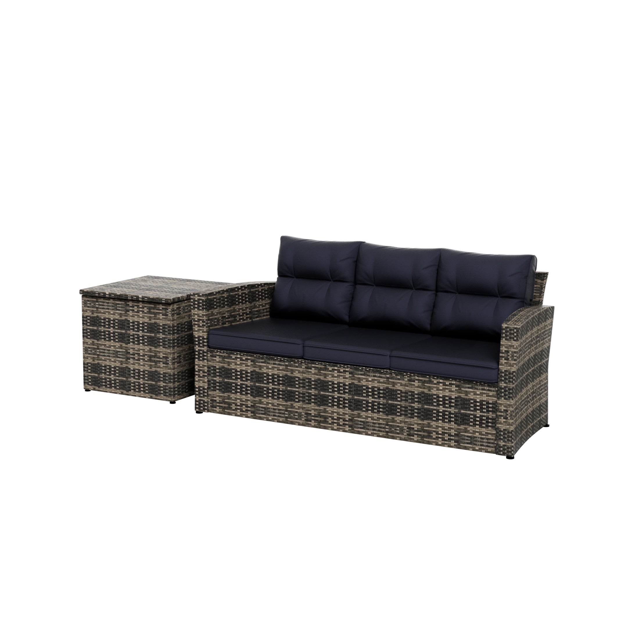  Westin Furniture Madore Sofa & Side Table Rattan Seating Group with Cushion - Brown/Navy Blue - Bonton