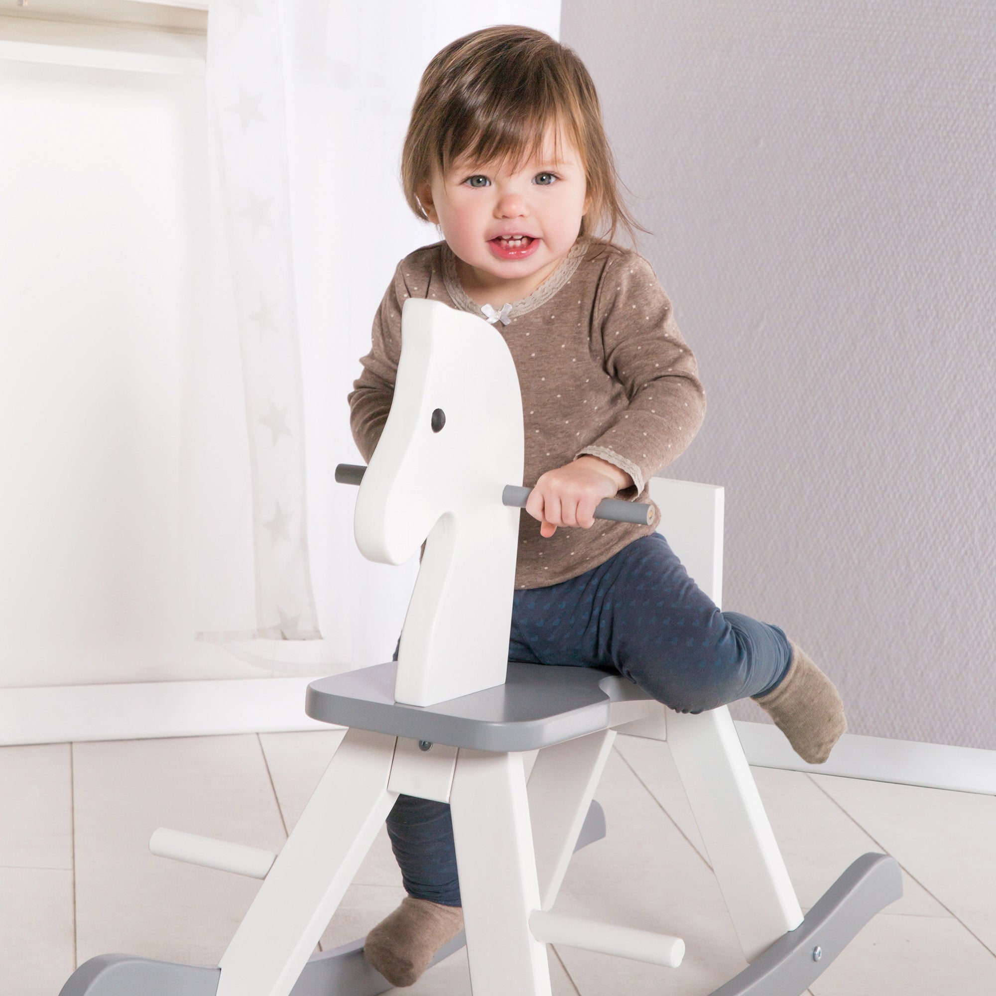  Roba-Kids Wooden Ride-on Rocking Horse in White/Gray, 55 Lb Capacity - Multi - Bonton