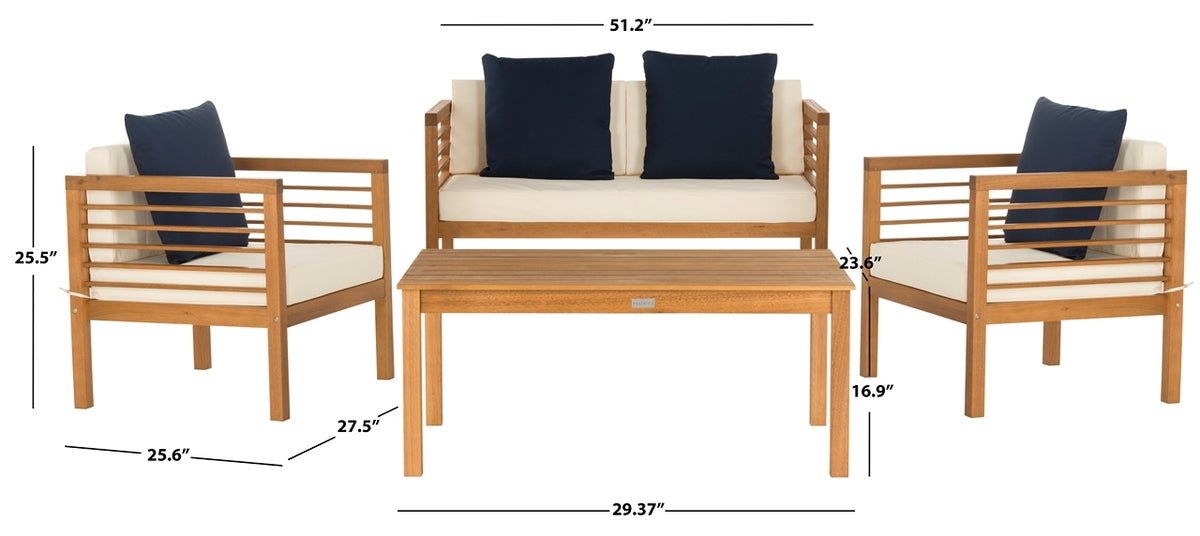  Safavieh Alda 4 Piece Outdoor Set with Accent Pillows - Natural/Beige/Navy - Bonton