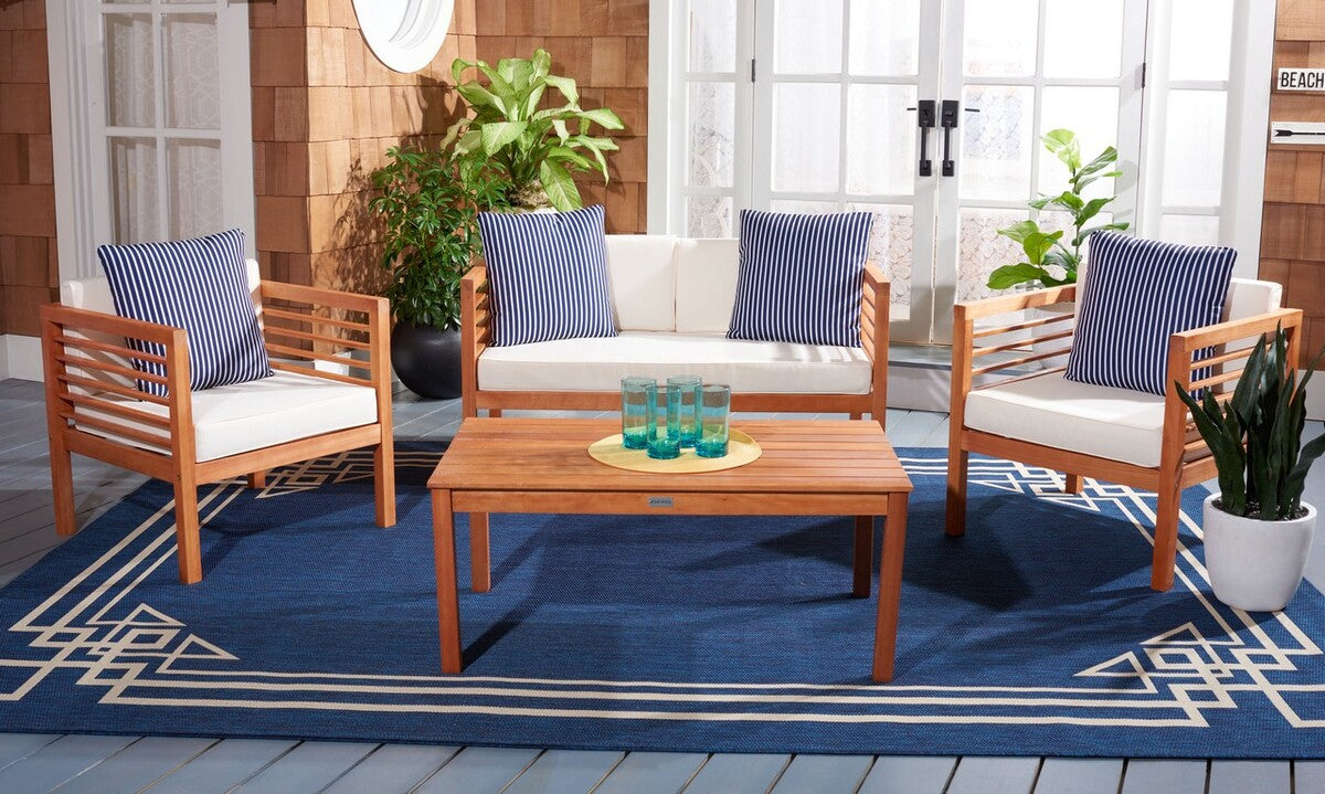  Safavieh Alda 4 Piece Outdoor Set with Accent Pillows - Natural/Beige/Navy White - Bonton