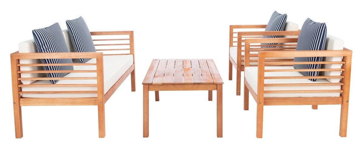  Safavieh Alda 4 Piece Outdoor Set with Accent Pillows - Natural/Beige/Navy White - Bonton