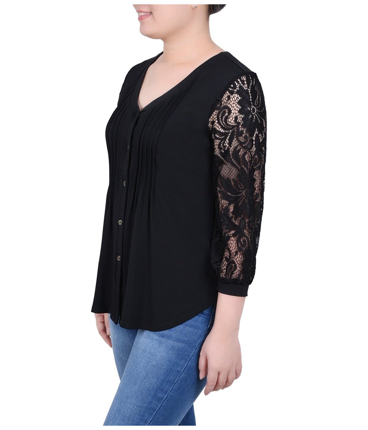 Petite Lace-Sleeve V-Neck Top