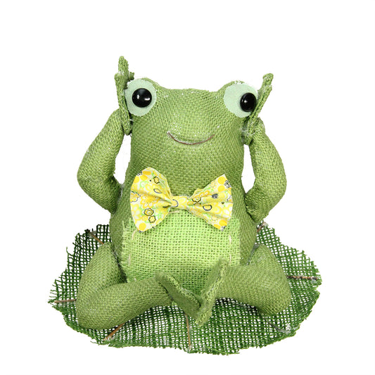 Sitting and Smiling Frog With Bowtie Spring Decoration - 7.5" - Green and Yellow