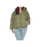 Plus Size Full Front Zip Hooded Bomber Puffer Coat Olive