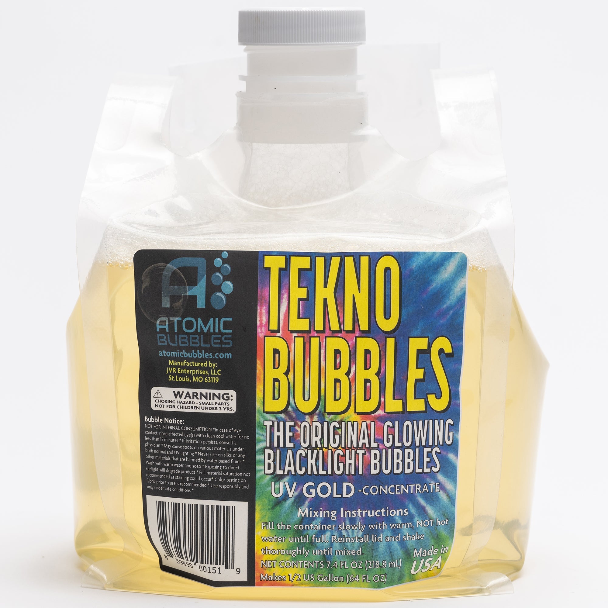  JVR Enterprises Atomic Bubbles: Tekno Bubbles 64oz Smart Pouch Refill - Gold - UV Blacklight Glow Bubbles, Glow Parties, Indoor & Outdoor, Safe For Kids, Non-Toxic - Multi - Bonton